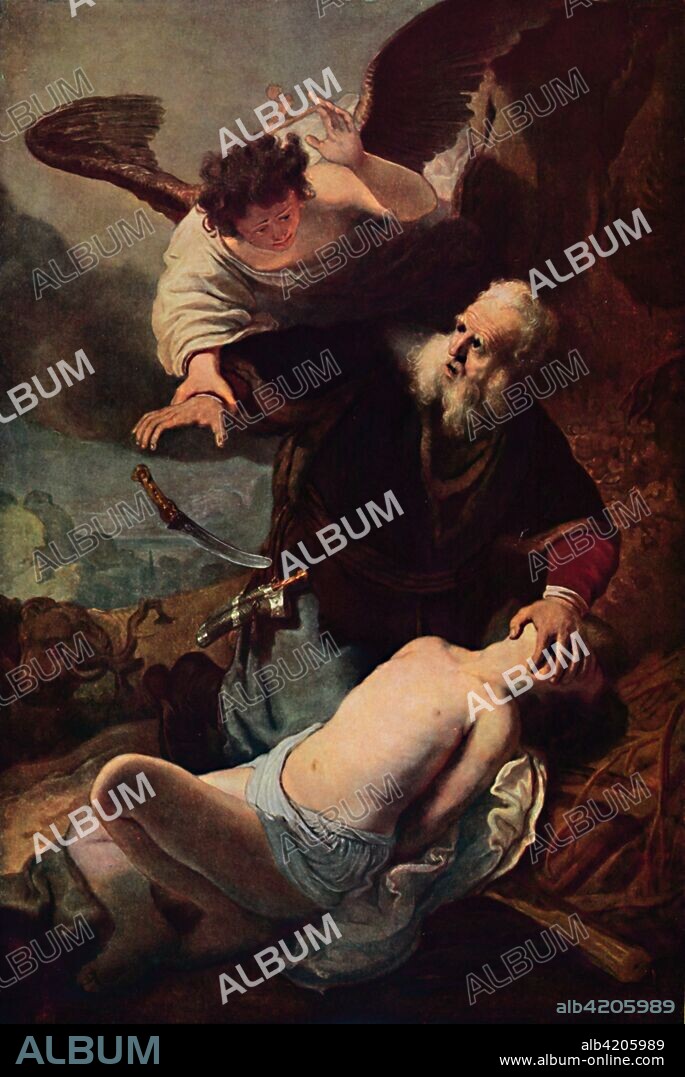 'The Sacrifice of Isaac', 1636, (1914). God ordered Abraham to sacrifice his son Isaac as a test of his faith (Genesis, XXII: 1-13). Abraham prepared to carry out the command, proving his belief, but God sent an angel to stay his hand just as he was about to sink the knife into his son's body. Painting in the Alte Pinakothek, Munich, Germany. From "Bibby's Annual 1914", edited by Joseph Bibby. [J. Bibby & Sons, London, 1914].