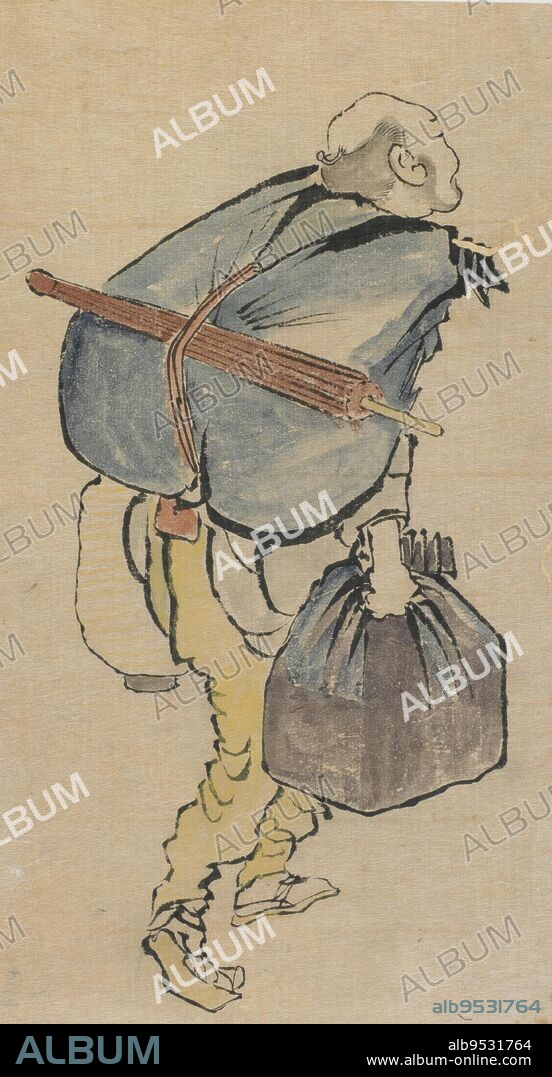 KATSUSHIKA HOKUSAI. Man carrying back-pack and lantern. Origin: Japan. Period: Edo period. Date: 1760-1849. Ink and color on paper.