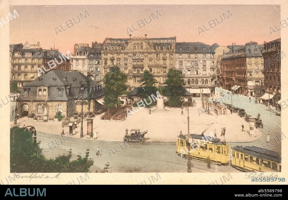 Frankfurt am Main (Hessen), Schillerplatz. "Frankfurt a. M. Schillerplatz". (Platzansicht mit Hauptwache und Schillerdenkmal). Bildpostkarte (Farbdruck nach kolorierter Photographie), Frankfurt a. M. (Jacobs Kunstanstalt) o. J. (um 1910?). Berlin, Sammlung Archiv für Kunst und Geschichte.