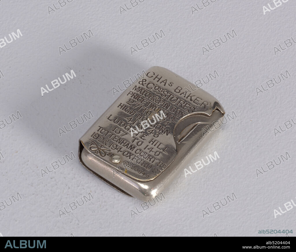 'Charles Baker & Company's Stores: Match & Pin Box', Thomas Turner & Company, Plated metal, Rectangular, curved corners and sides, the front inscribed 'CHAs BAKER & Cos Stores, Match & Pin Box, Price Two Pence, 271 to 274 High Holborn, 41 & 43 Ludgate Hill, 137 to 140 Tottenham Court Rd St. [T.Turner's manufacturer's trademark stamped on lower left; Rd. 26844 on lower right.] Reverse inscribed 'Gentlemens & Boys Superior Clothing, Hosiery, Shirts, Hats, Boots & C. 25 Per Cent Under Usual London Prices to Keep Pace with the Civil Service Stores.' Interior match container revealed when inscribed exterior sheath is pulled open at side; both exterior and interior pivot on attached pin at bottom center. Striker recessed on side., ca. 1885, containers, Decorative Arts, Matchsafe, Matchsafe.