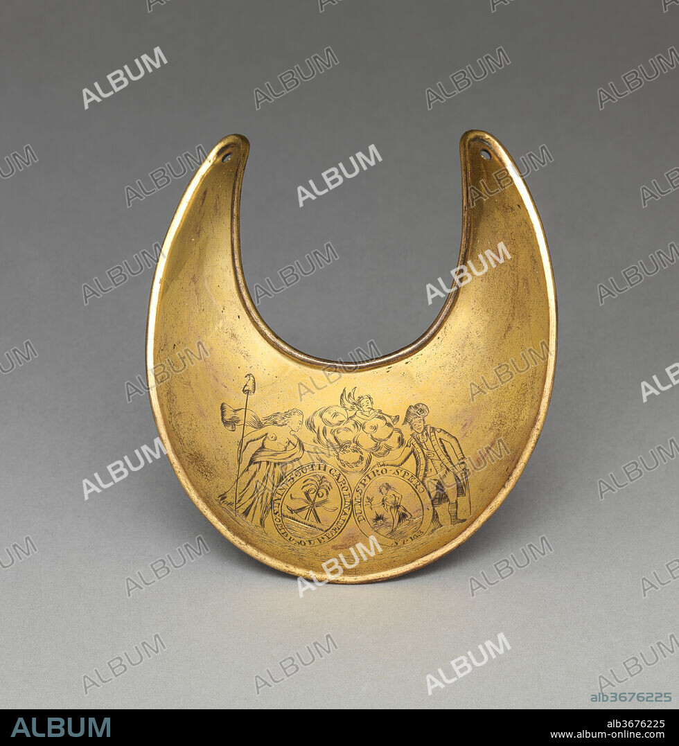 Gorget for an Officer of the South Carolina Infantry Regiment. Culture: American. Dimensions: H. 4 3/4 in. (12.07 cm); W. 4 1/4 in. (10.8 cm). Date: late 18th century.
The engraving on this gorget incorporates the state of South Carolina's coat of arms, which was adopted in 1777.