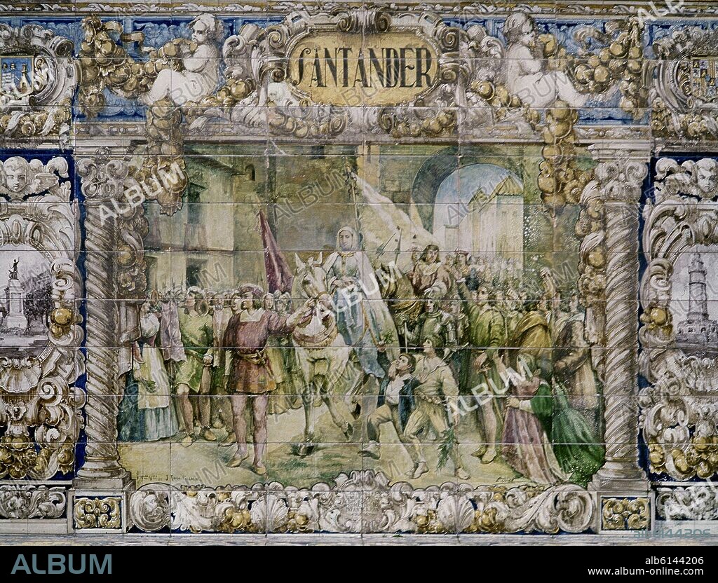 REPRESENTACION DE SANTANDER - ENTRADA TRIUNFAL DE MARGARITA DE FLANDES PARA CASARSE CON EL INFANTE DON JUAN - MOSAICO DE LA PLAZA DE ESPAÑA DE SEVILLA.
