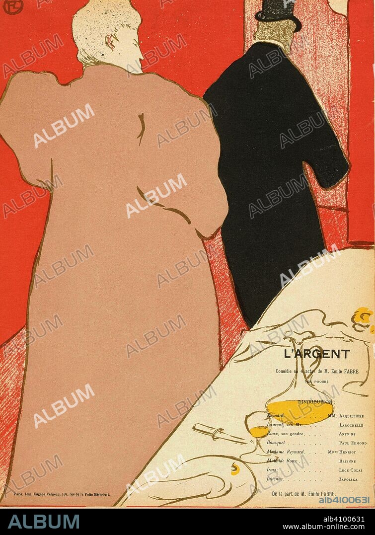 HENRI DE TOULOUSE-LAUTREC. Theatre programme for L'argent by Emile Fabre (Théâtre Libre, 5 May 1895). Dimensions: 32 cm x 23.9 cm, 32 cm x 23.9 cm.