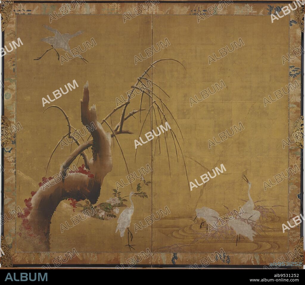 KANO SADANOBU. Herons and Old WIllow. Origin: Japan. Period: Edo period. Date: 1615-1868. Ink, color, and gold on paper.