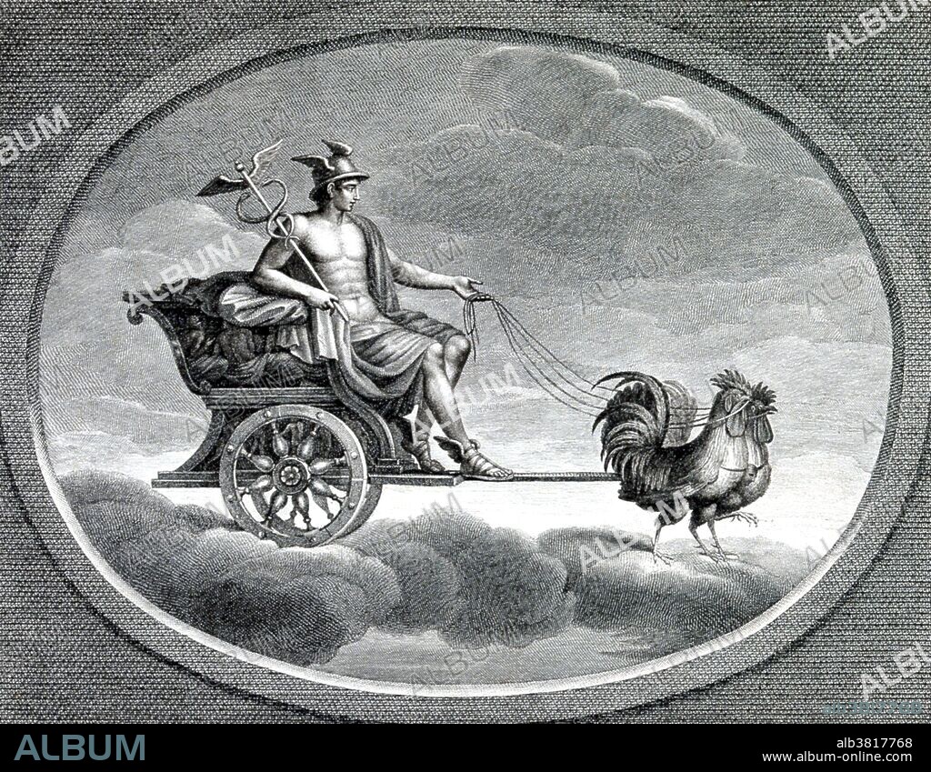 Mercury with his caduceus, in his chariot, drawn by cockerels. Mercury was a messenger who wore winged sandals and a god of trade, thieves, and travel, the son of Maia Maiestas and Jupiter in Roman mythology. His characteristics and mythology were borrowed from the analogous Greek god, Hermes. Mercury has influenced the name of many things in a variety of scientific fields, such as the planet Mercury, and the element mercury. The word mercurial is commonly used to refer to something or someone erratic, volatile or unstable, derived from Mercury's swift flights from place to place. He is often depicted holding the Caduceus in his left hand. Engraving by Carlo Lasinio after Raphael, 1516.