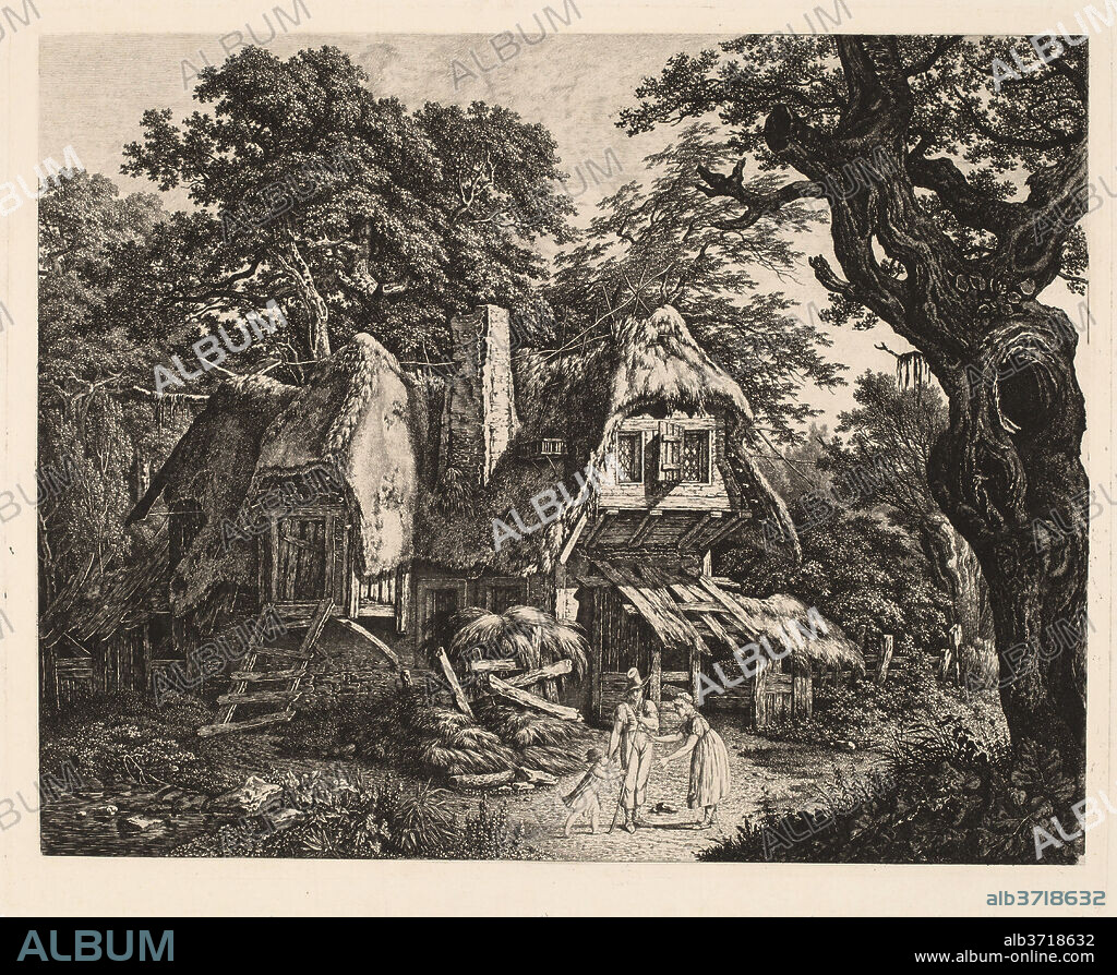 CARL WILHELM KOLBE. Straw-Thatched Hut with Landscape and Figures. Dated: 1807/1809. Dimensions: plate: 30.9 x 37.8 cm (12 3/16 x 14 7/8 in.)  sheet: 39.3 x 49.3 cm (15 1/2 x 19 7/16 in.). Medium: etching on laid paper.