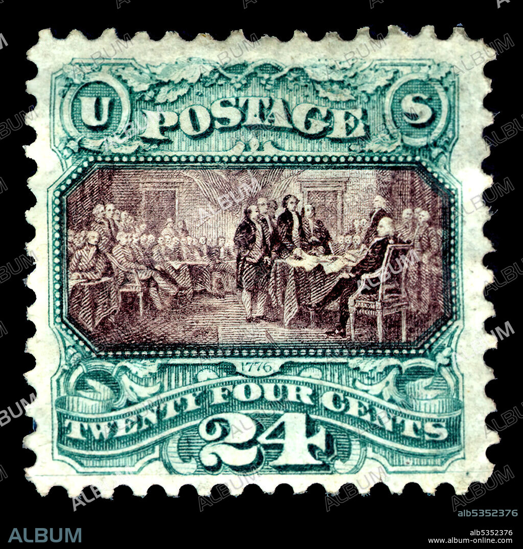 NATIONAL BANK NOTE COMPANY. 24c Declaration of Independence re-issue single, 1875. Unused; perf 12;In 1875, Post Office Department officials decided to exhibit samples of all previously issued stamps at the Centennial Exposition in Philadelphia the following year. Since this required a special printing, the department ordered extra copies for sale to stamp collectors.
