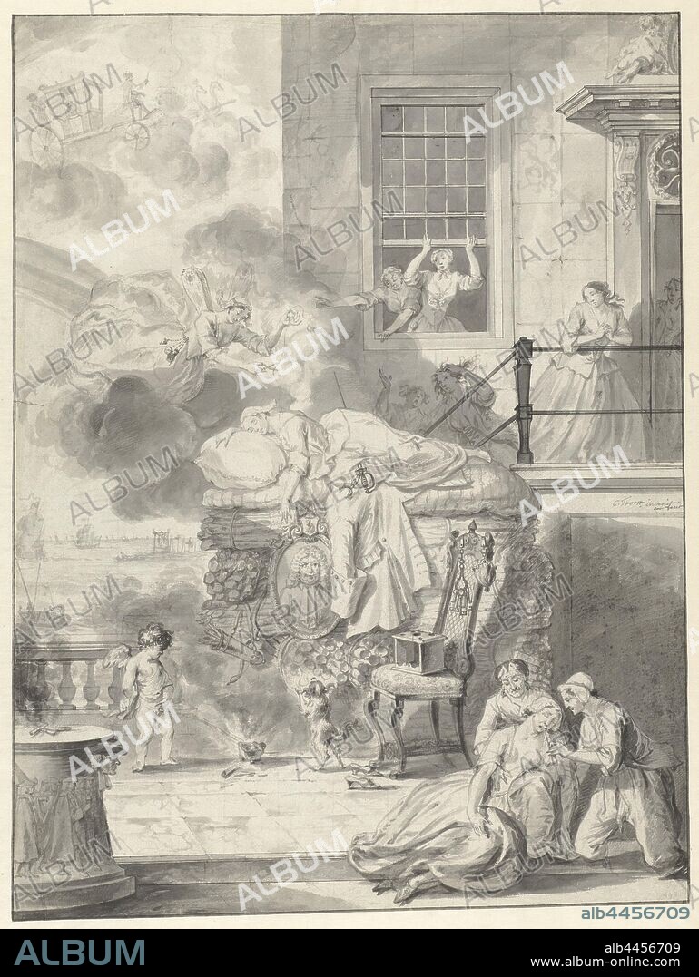 Dido's death, death of Dido, she climbs the funeral pyre and falls upon the sword of Aeneas, Iris cuts a lock from Dido's hair to release her soul, Cornelis Troost, Netherlands, 1755 - 1758, paper, chalk, brush, h 620 mm × w 470 mm.