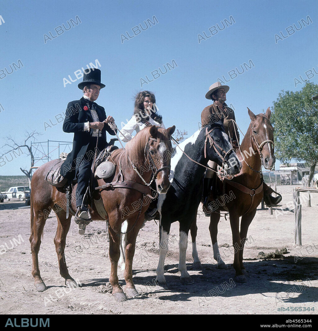 DEAN MARTIN, JAMES STEWART and RAQUEL WELCH in BANDOLERO!, 1968, directed by ANDREW V. MCLAGLEN. Copyright 20TH CENTURY FOX.