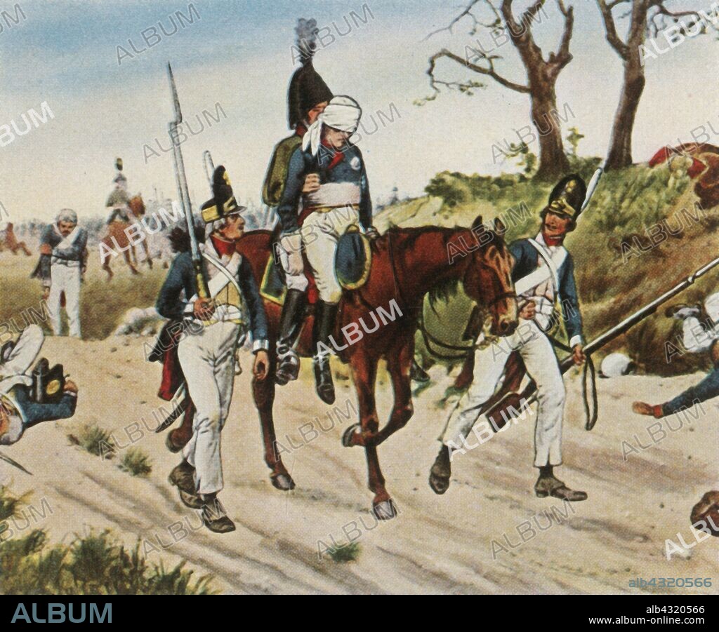 The double Battle of Jena-Auerstedt, 14 October 1806, (1936). 'Doppelschlacht Bei Jena Und Auerstedt, 14 Oktober 1806'. The twin battles of Jena and Auerstedt were fought near the river Saale (in Germany), between the forces of Napoleon I of France and Frederick William III of Prussia. Prussian military leader Charles William Ferdinand, Duke of Brunswick (1735-1806) was blinded in the battle and died soon after. From "Bilder Deutscher Geschichte", (Pictures of German History), No.12, cigarette card album. [Cigaretten-Bilderdienst, Altona-Bahrenfeld, Hamburg, Germany, 1936].