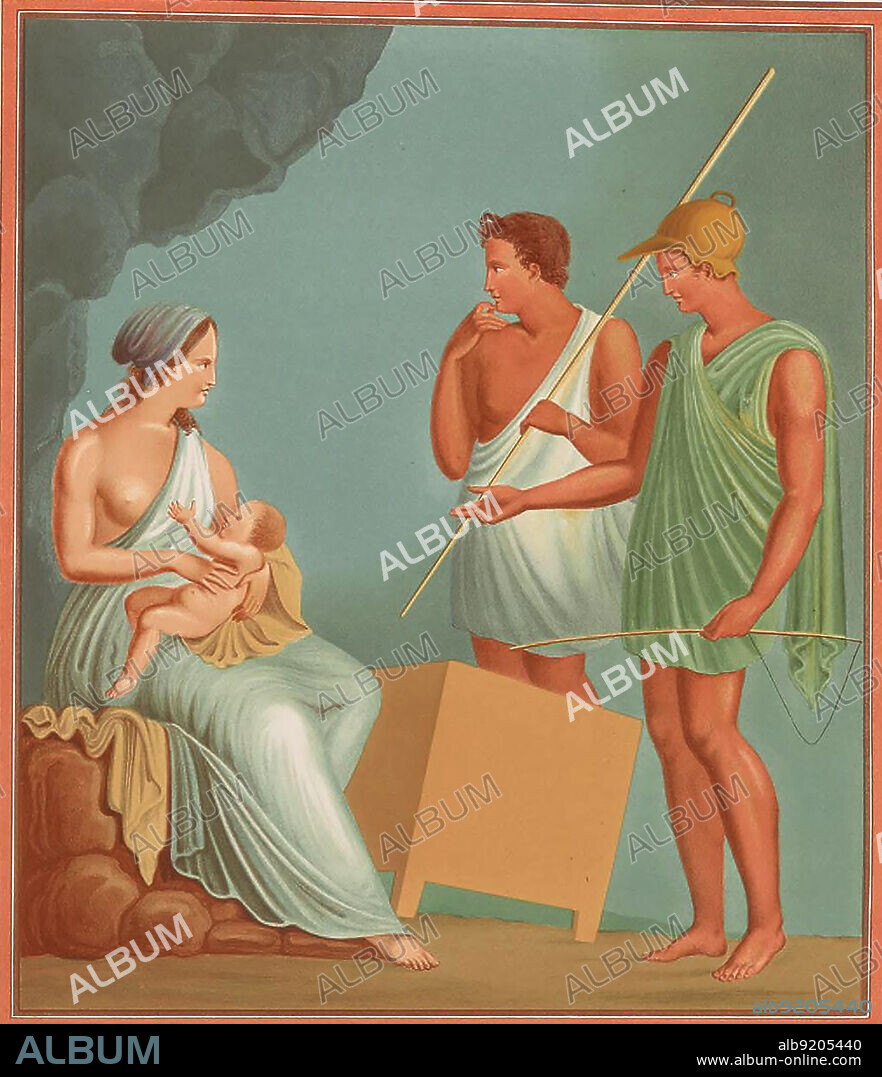 Danae, in der griechischen Mythologie die Tochter des Akrisios und der Aganippe, Geliebte des Zeus, auf der Insel Seriphe, Wandmalerei, Fresko aus dem historischen Pompeji, digital restauriert / Danae, in Greek mythology the daughter of Acrisius and Aganippe, mistress of Zeus, on the island of Seriphe, mural painting, fresco from historic Pompeii, digitally restored.
