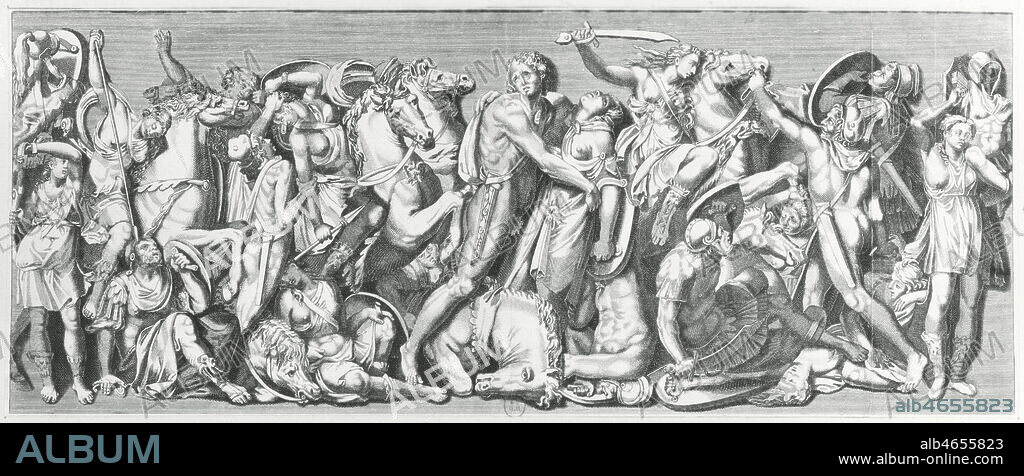 Guerre de Troie: Penthesilee, la reine des amazones, vient secourir Troie avec ses guerrieres. Achille l'a tue mais tombe amoureux de la morte (au centre de la gravure). Credit: Collection KHARBINE-TAPABOR.