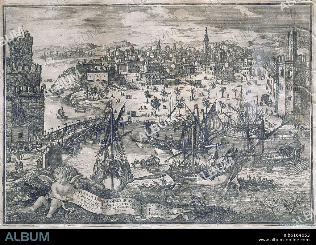 PEDRO TORTOLERO (1700-1766). GRABADO - VISTA DE SEVILLA DESDE TRIANA CON EL PUENTE DE BARCOS CONVERTIDO EN PUENTE DE TRIANA - 1738 - COBRE TALLA DULCE 350x510.