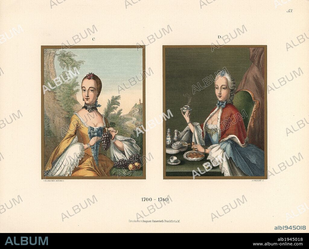 Seasonal fashions from the early 18th century. Woman in autumn and winter fashions from the reign of Louis XV, wearing very low-cut decollete dresses. Chromolithograph from Hefner-Alteneck's "Costumes, Artworks and Appliances from the Middle Ages to the 18th Century," Frankfurt, 1889. Illustration by Dr. Jakob Heinrich von Hefner-Alteneck, lithograph by A. Volkert and published by Heinrich Keller. Dr. Hefner-Alteneck (1811 - 1903) was a German curator, archaeologist, art historian, illustrator and etcher.