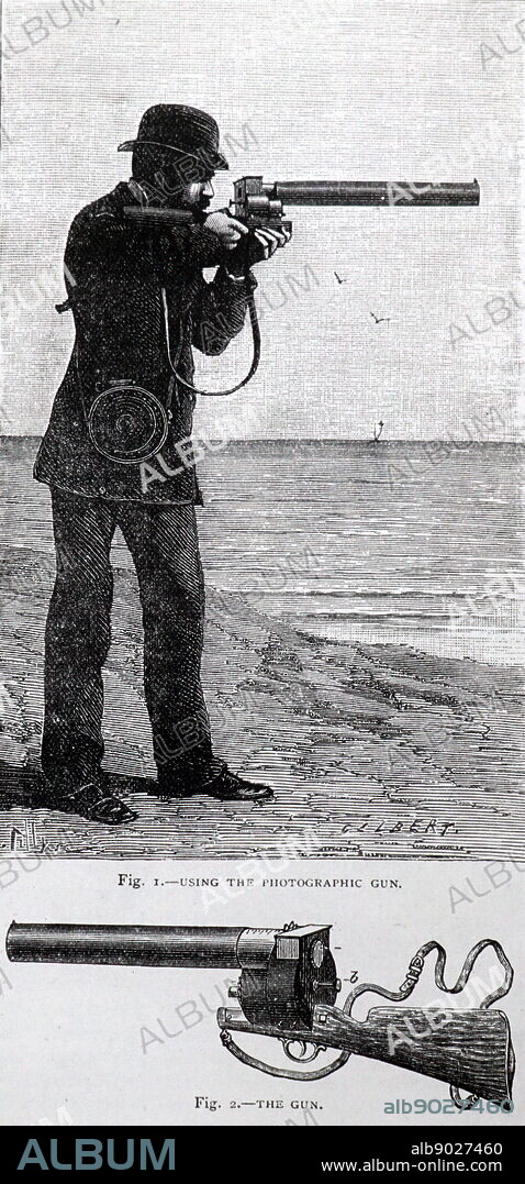 EJ Marey's photographic gun which he devised for use in his studies of animal motion, chronophotography, 1882.