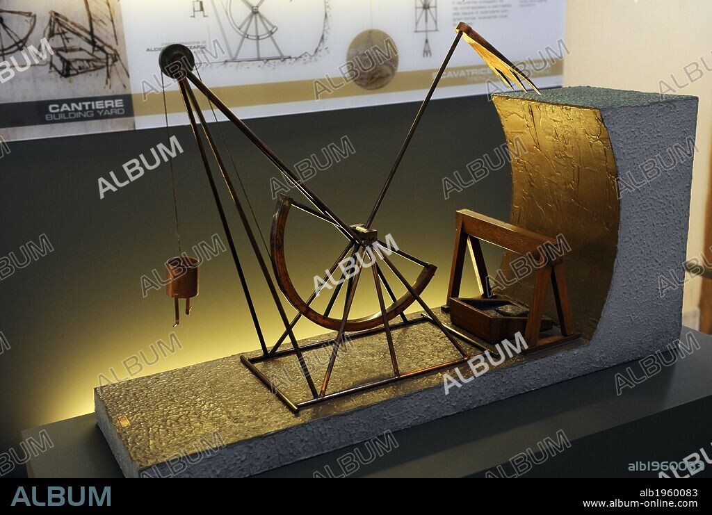 MAQUINA DE CAVAR. Dibujo realizado por Leonardo Da Vinci (S. XV) que pararece dibujado en el Códice Atlantico (folio 4-1487-1492). Maqueta interpretada por Alexander Siriati (1952-1953). El modelo representa un artilugio cavador de zanjas o canales. Museo Nacional de la Ciencia y Tecnología Leonardo Da Vinci. Milán. Italia.
