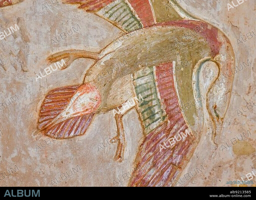 Coloured relief bird in the Anubis Chapel, Temple of Hatshepsut, West Thebes, Egypt, Africa.