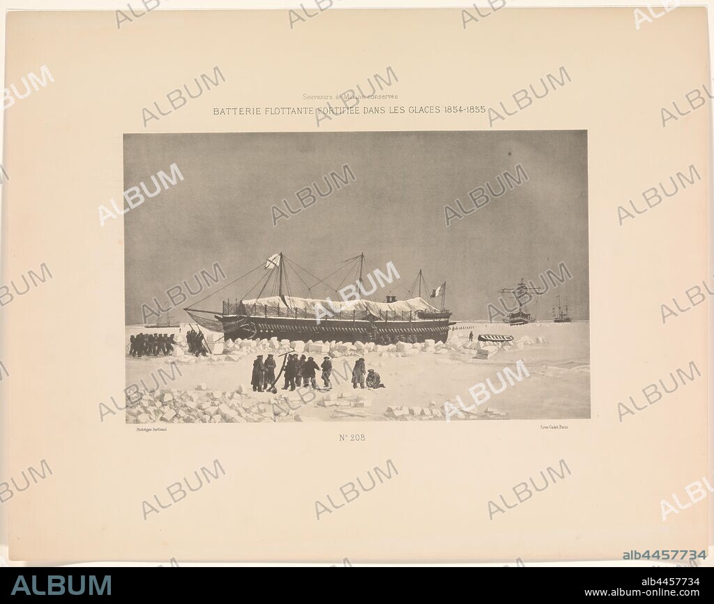 Batterie flottante fortifiee dans les glaces 1854-1855 (title on object) Souvenirs de Marine conservés: collection of plans ou dessins de navires existants ou disparus ... (series title), Floating battery on it ice. In the foreground men with a saw and axes. On the left, men try to get the French ship loose with long sticks. In the background three ships and a sloop. Plate 208 from 'Souvenirs de Marine conservés ...', ships (in general) (propulsion of vehicle, ship, etc. by wind), ice, state of water, icefield, Berthaud Frères (mentioned on object), Paris, 1889, paper, ink, h 443 mm × w 563 mm.