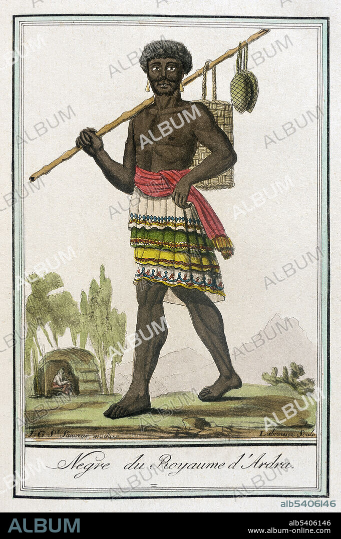 Negre du Royaume d'Ardra. Negro of the Kingdom of Ardra. Great Ardra was a coastal West African kingdom in what is now southern Benin. It was named for its capital, the modern Allada, which was also the main city and major port of the realm. The city and kingdom were supposedly founded by a group of Aja migrants from Tado, a settlement along the Mono River, in the 12th or 13th century. Its kings ruled with the consent of the elders of the people. The state reached the peak of its power in the 16th and early 17th centuries, when it was an important source of slaves for the Atlantic trade. Costumes of Different Countries, hand-tinted engraving by Labrousse, published by Jacques Grasset de Saint-Sauveur, 1797.