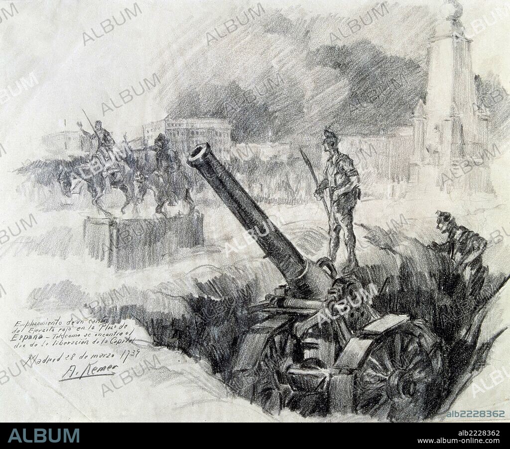 GUERRA CIVIL ESPAÑOLA 1936 - 1939. " EMPLAZAMIENTO DE UN CAÑON EN LA PLAZA DE ESPAÑA DE MADRID , 28 DE MARZO DE 1939 ". DIBUJO DE A. KEMER.