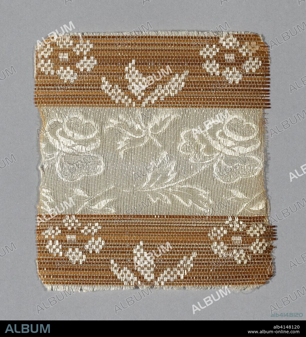 Sample. France. Date: 1825-1850. Dimensions: 9.8 × 8.9 cm (3 7/8 × 3 1/2 in.)
Repeat: 6.7 × 6 cm (2 5/8 × 2 3/8 in.). Silk and straw, bands of: complex gauze weave with supplementary facing wefts and self-patterned by main warp floats and bands of complex gauze weave self-patterned by areas of main warp floats over plain interlacing. Origin: France.