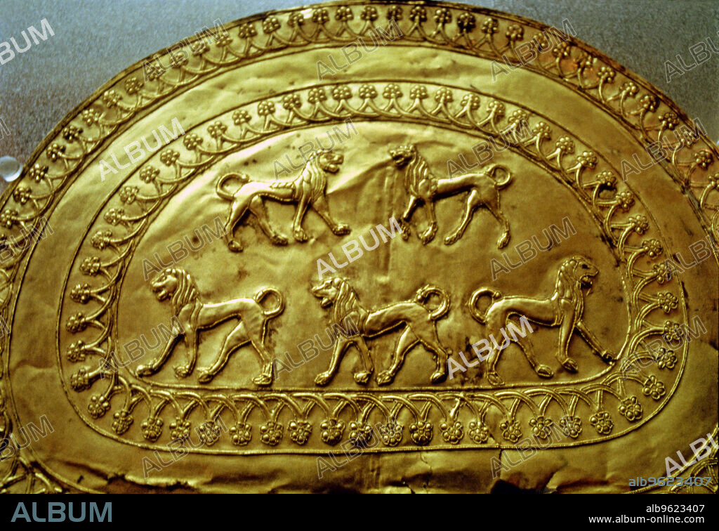 Etruscan gold fibula decorated with five lions, from the Regolini Galassi tomb.