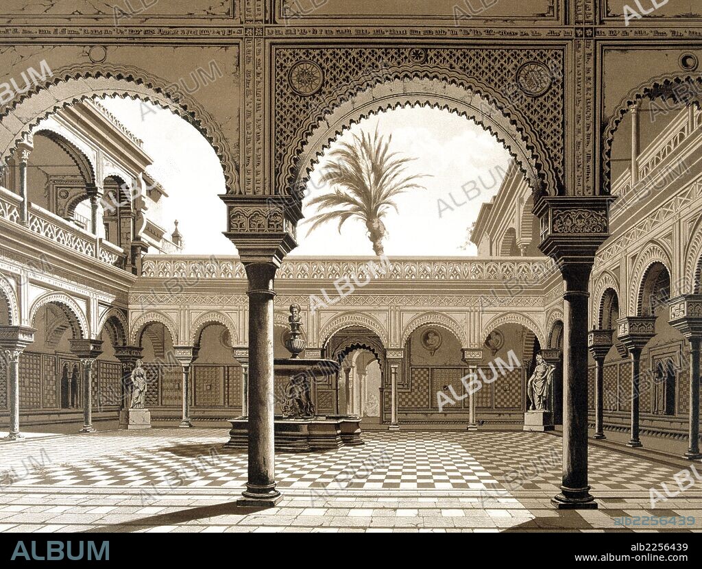 SEVILLA. CASA DE PILATOS. PATIO. GRABADO DEL SIGLO XIX. SEVILLA PINTADO.