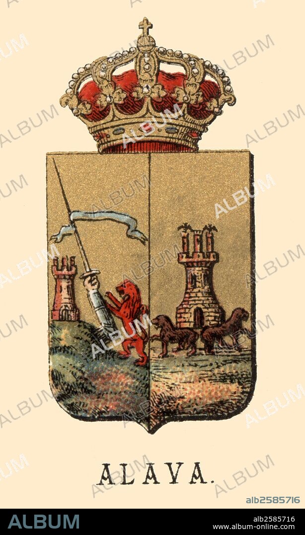 España. Heráldica. Escudo de armas de la provincia de Alava. Grabado de 1878.