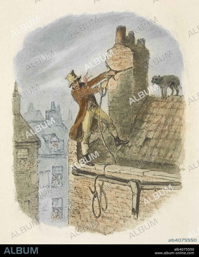 CHARLES DICKENS. The last chance.  Bill Sikes on the roof of a house. This sketch is intended as a sort of title page to the twenty-five water colour drawings, etc. 1894. Twenty-six plates. Proofs in colour of the illustrations used in the Chapman & Hall 1895 edition of â€œOliver Twistâ€ MS. inscription by Joseph Grego. Source: Dex.297.(2) plate 23.