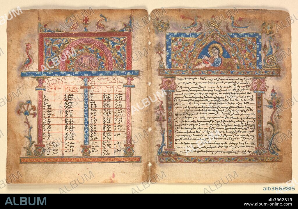 ILLUMINATOR MINAS (?) (ACTIVE IN REGION OF VASPURAKAN (NOW EASTERN TURKEY) ). Armenian Manuscript Bifolium. Artist: Illuminator Minas (?) (active in region of Vaspurakan (now eastern Turkey)). Culture: Armenian. Dimensions: bifolio: 6 3/8 × 10 1/2 in. (16.2 × 26.6 cm)
Other (folio): 6 3/8 × 5 1/4 in. (16.2 × 13.3 cm)
Frame: 16 5/8 × 20 1/8 × 7/8 in. (42.2 × 51.1 × 2.2 cm). Date: 15th century.
Canon tables, a widely used comparative index to the gospels, were developed by Eusebius of Caesarea for his pupil Carpianus who appears in the headpiece of the explanatory page on the right. When bound, the tables on the left would have been one of the following index pages.