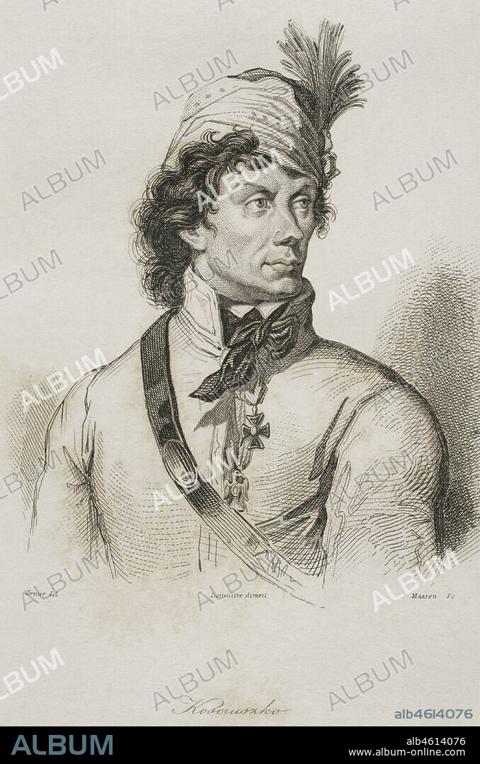 Tadeusz Kosciuszko (1746-1817). Polish general and statesman. National hero in Poland and Belarus for his leadership of a national insurrection, and in the United States for his role in the American Revolution. Portrait. Engraving by Lemaitre, Vernier and Masson. History of Poland, by Charles Foster. Panorama Universal, 1840.