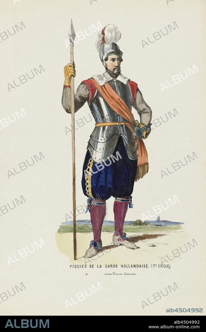 Piquier de la Garde Hollandaise. (17th Siècle.) Sous Prince Maurice (title on object), Man in historical costume of a piersier of the Dutch Guard under Prince Maurice, 17th century. Presentation added to the sheet metal work on the costumed ball held at the palace of the Prince of Orange (the later King William III) in The Hague on 26 February 1845, historical costume, helved weapons, polearms (for striking, hacking, thrusting): pike, Elias Spanier (mentioned on object), The Hague, 1840 - 1850, paper, h 273 mm × w 180 mm.
