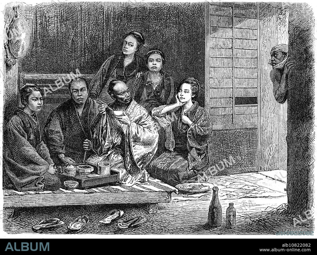 [ 1860s Japan - Japanese Porters ] The quarters of the porters of the Dutch Residence. Published in the French publication Le Tour du Monde, in 1866 (Keio 2). The illustration accompanied an article about Japan by Swiss diplomat M. Aimé Humbert who lived in Japan in 1863-1864. Original text: "La loge des portiers de la résidence hollandaise : Portier et voisines.". 19th century vintage newspaper illustration.