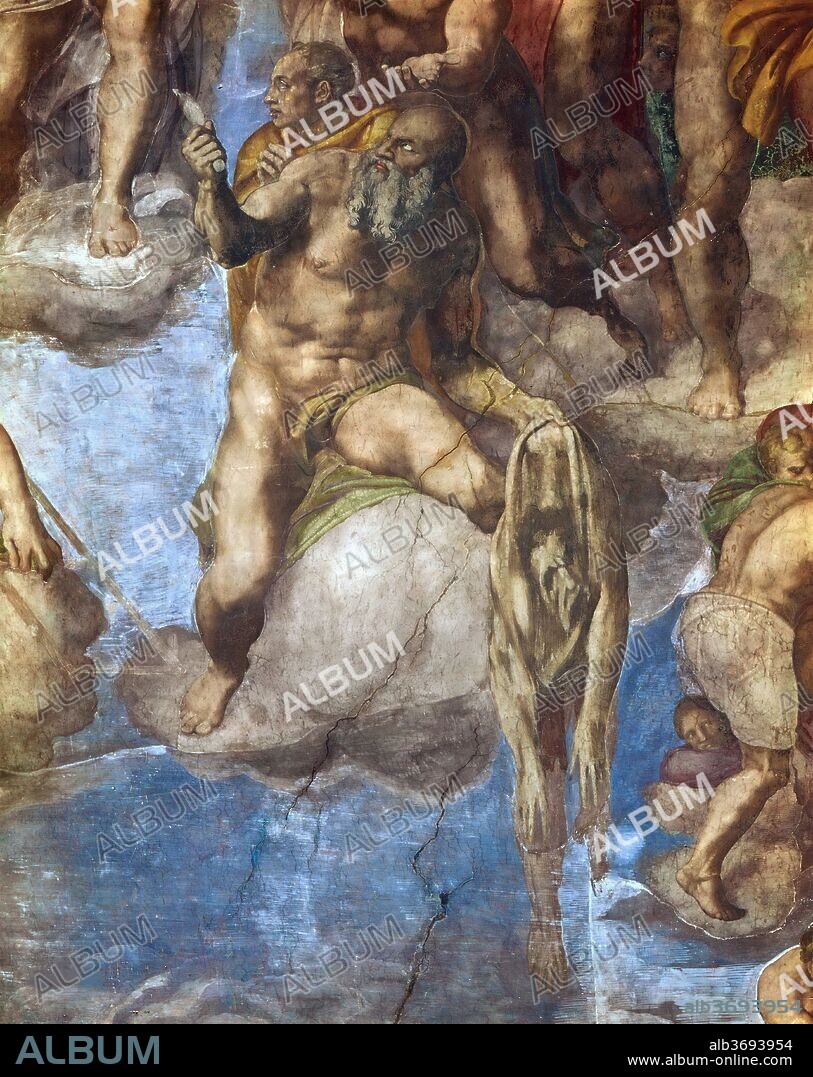 MICHELANGELO. Saint Bartholomew displaying his flayed skin. Detail of the fresco "The Last Judgement" on the wall in Sistine chapel.