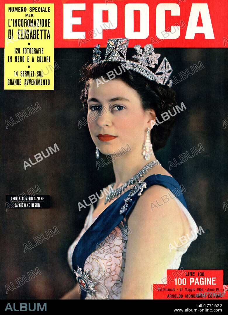 Queen Elizabeth II on a weekly magazine cover. The cover of the Italian weekly magazine Epoca showing Elizabeth II Queen of United Kingdom. 31st May 1953.
