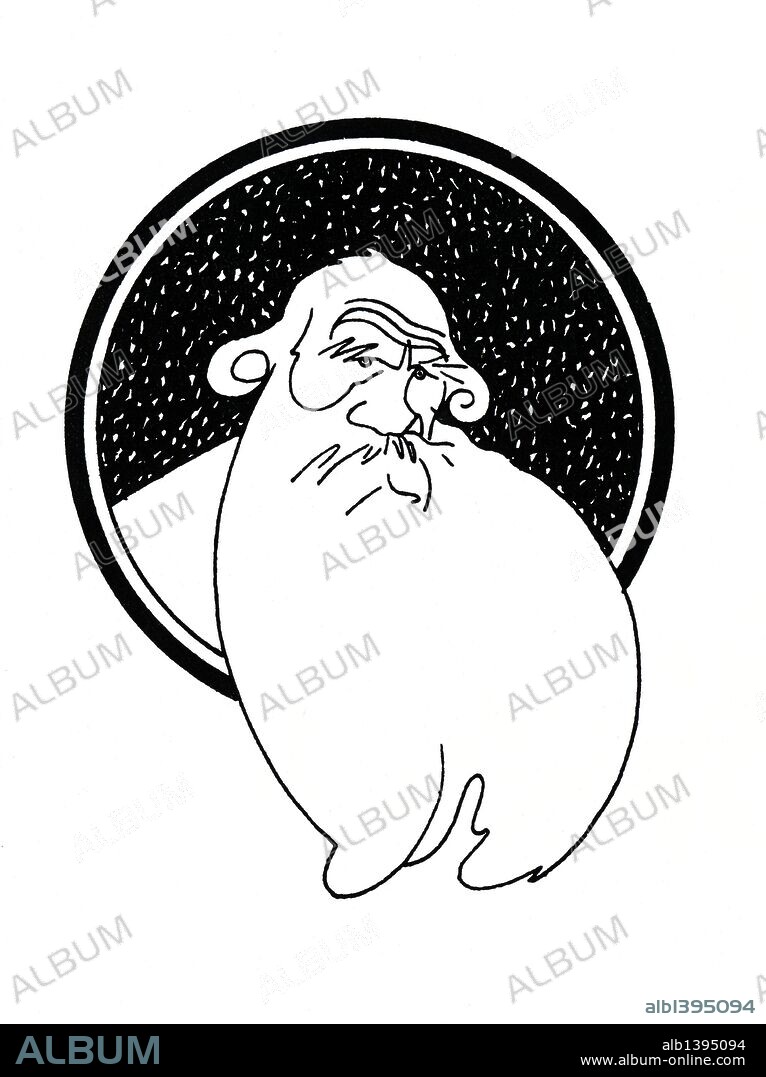 ROMÁN BONET SINTES "BON". Caricatura de Lev Nikoláyevich Tolstói, también conocido como León Tolstoy (Yásnaya Poliana, 1828-Astapovo, 1910.). Escritor ruso ampliamente considerado como uno de los más grandes novelistas de occidente. Sus más famosas obras son Guerra y Paz y Anna Karénina, y son tenidas como la cúspide del realismo. Año 1911.