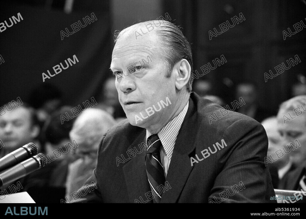U.S. President Gerald Ford appearing at the House Judiciary Subcommittee hearing on pardoning former President Richard Nixon, Washington, D.C., USA, Thomas J. O'Halloran, October 17, 1974.