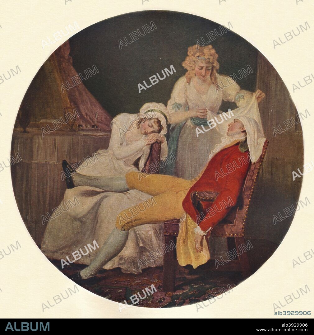 'Lady Easy's Steinkirk: A Scene from 'The Fearless Husband' by Colley Cibber (Act V, Scene 5)', c1787, (1938). Depicts the last scene from Cibber's 1704 comedy, The Careless Husband, with Lady Easy laying her Steinkirk scarf over her adulterous husband's head. Painting held at the Victoria And Albert Museum, London. From A Catalogue of the Pictures and Drawings in the collection of Frederick John Nettleford, Volume IV, by C. Reginald Grundy and F. Gordon Roe. [Emrose and Sons Ltd., London and Derby, 1938].
