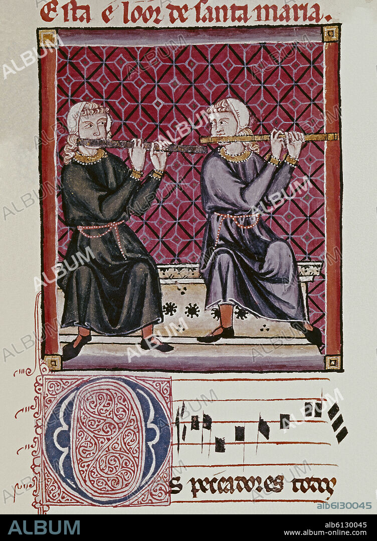ALFONSO X DE CASTILLA EL SABIO. M.B.I.2-CANTIGA SANTA MARIA Nº 240.F218V-CODICE DE LOS MUSICOS - FLAUTAS TRAVESERAS - SIGLO XIII.