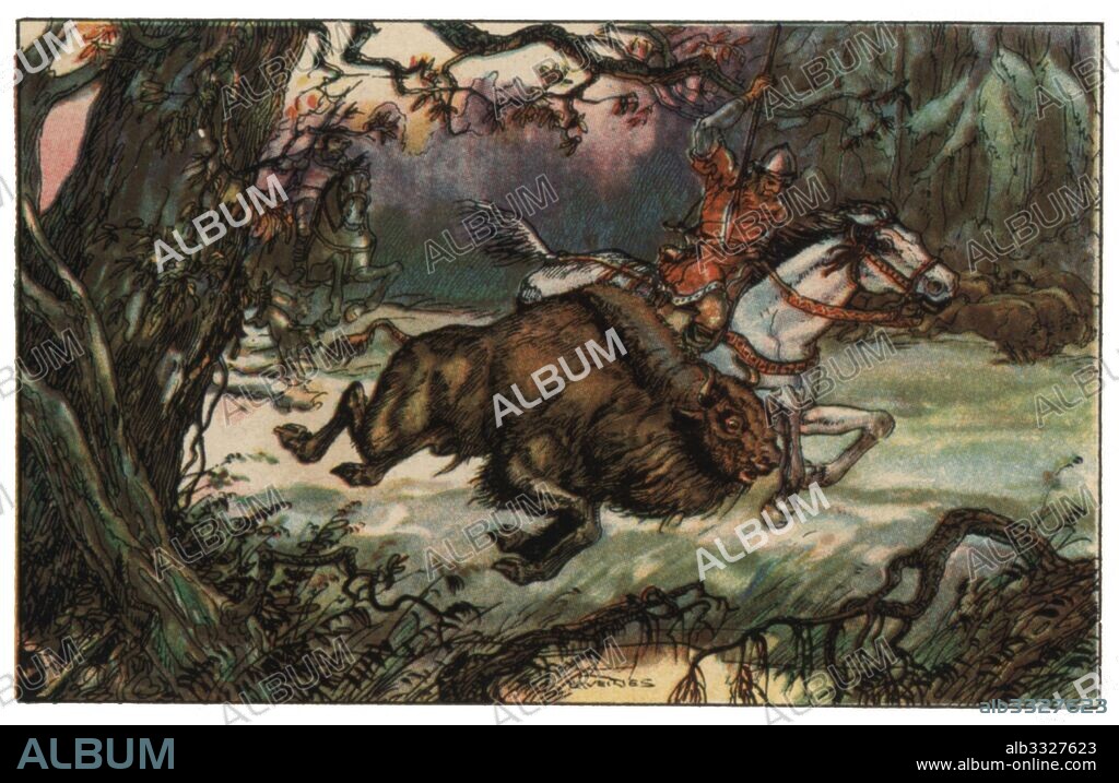 JOAN LLAVERIAS I LABRÓ. El hombre y las fieras. Cacerías y pescas primitivas. Caza del bisonte europeo en Polonia. Cromo de Chocolates Eduardo Pi. Años 1931.