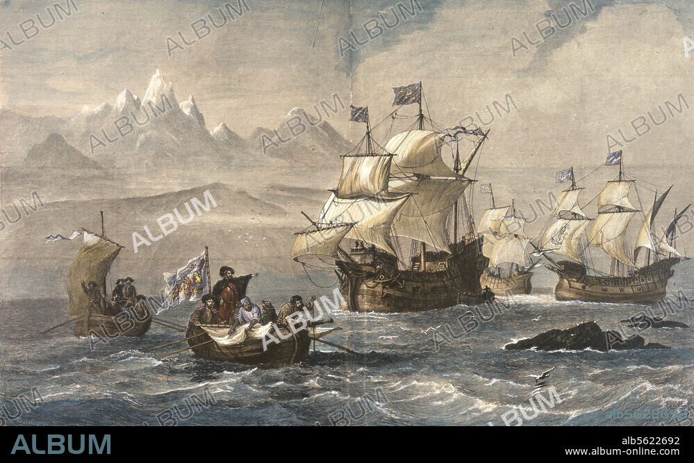ANONYM. Magalhaes (Magallanes, Magellan), Fernao de portug. Seefahrer, erster Weltumsegler, um 1480 - 1521. "Die Entdeckung der Magellan-Straße im Jahre 1520". Holzstich, um 1880, koloriert.