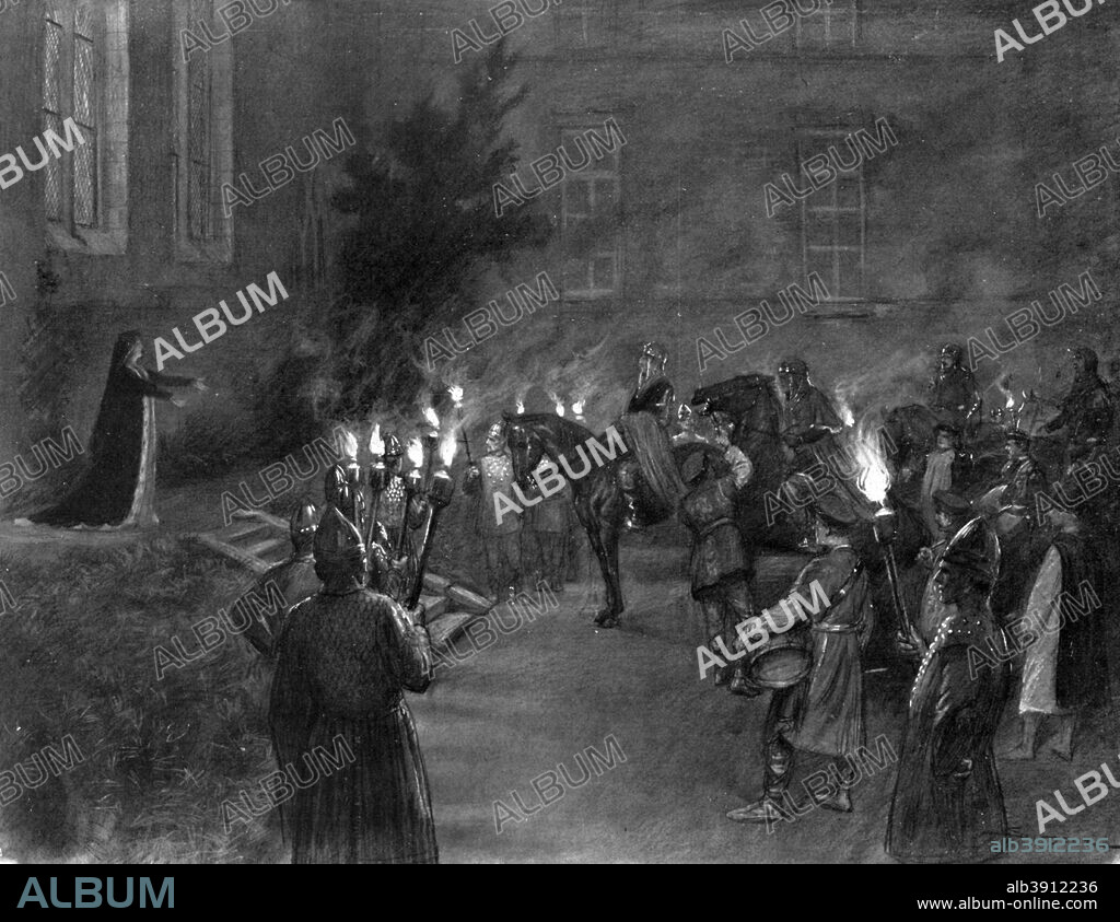 Lady Macbeth welcomes King Duncan at the gates of Macbeth's castle, 1909. A scene from Shakespeare's play. A print from L'Illustration, 4 September 1909.