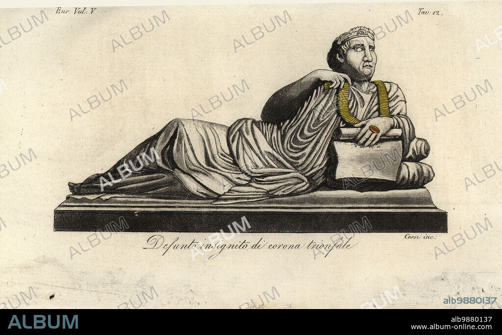 Ancient Etruscan alabaster grave effigy of a dead man wearing a triumphal crown, gold necklace and precious ring, holding a scroll. Defunto insignito di corona trionfale. Handcoloured copperplate engraving by Corsi from Giulio Ferrarios Costumes Ancient and Modern of the Peoples of the World, Il Costume Antico e Moderno, Florence, 1843.