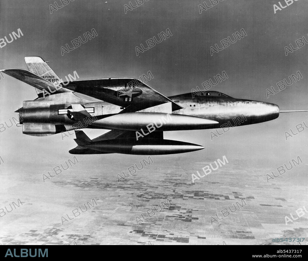 America's new high speed, high altitude interceptor fighter, the XF-91 the external fuel tanks can he ***** each external tank in 20 feet long, a can carry more ***** 500 galls. October 18, 1954.