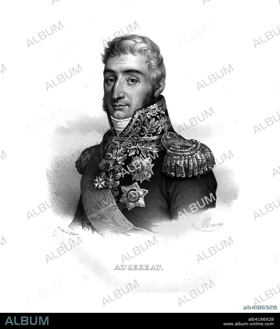 'Augereau', Pierre Francois Charles Augereau, Duke of Castiglione, (c1820s). French soldier Augereau (1757-1816) shown in military uniform wearing orders and decorations, served during the Napoleonic Wars. He was made a Marshal of France in 1804.