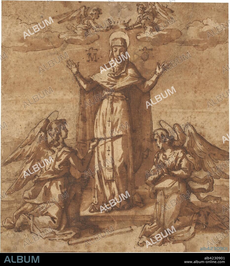 ANÓNIMO. Anónimo / 'La Virgen coronada por ángeles'. Hacia 1600. Aguada, Pluma, Preparado a lápiz, Tinta parda sobre papel amarillento, 195 x 180 mm.