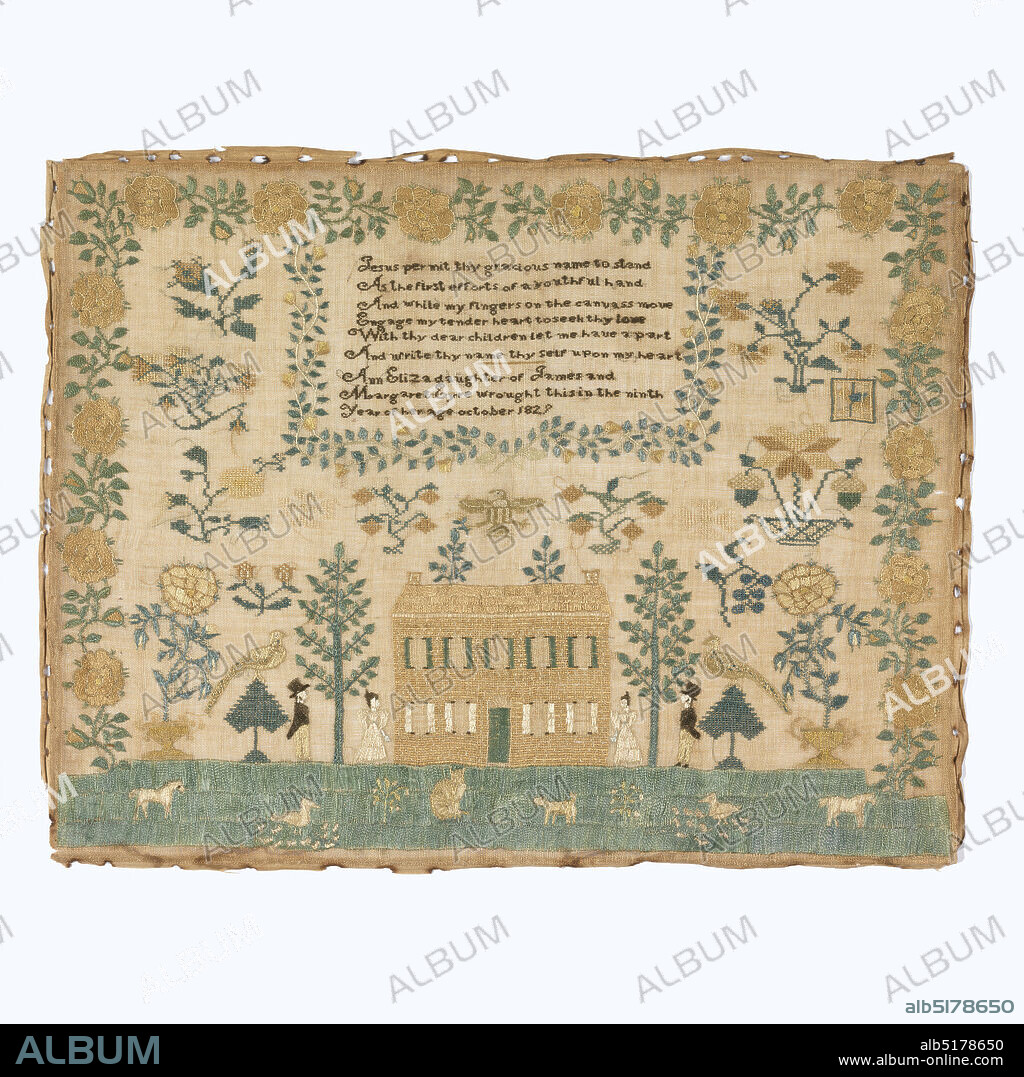 Sampler, Ann Eliza Eyre, (American), Medium: silk embroidery on linen foundation Technique: embroidered in cross, stem, and satin stitches on plain weave foundation, Male and female figures, trees, birds, and urns of flowers are symmetrically arranged on either side of a large house, with grass and domestic animals in front. A deep yellow rose border surrounds the sampler on three sides. In the upper half, a box framed by a smaller floral vine border contains a verse and inscription., The verse reads:, Jesus permit thy gracious name to stand, As the first efforts of a youthful hand, And while my fingers on the canvass move, Engage my tender heart to see thy love, With thy dear children let me have a part, And write thy name thyself upon my heart, USA, 1827, embroidery & stitching, Sampler.