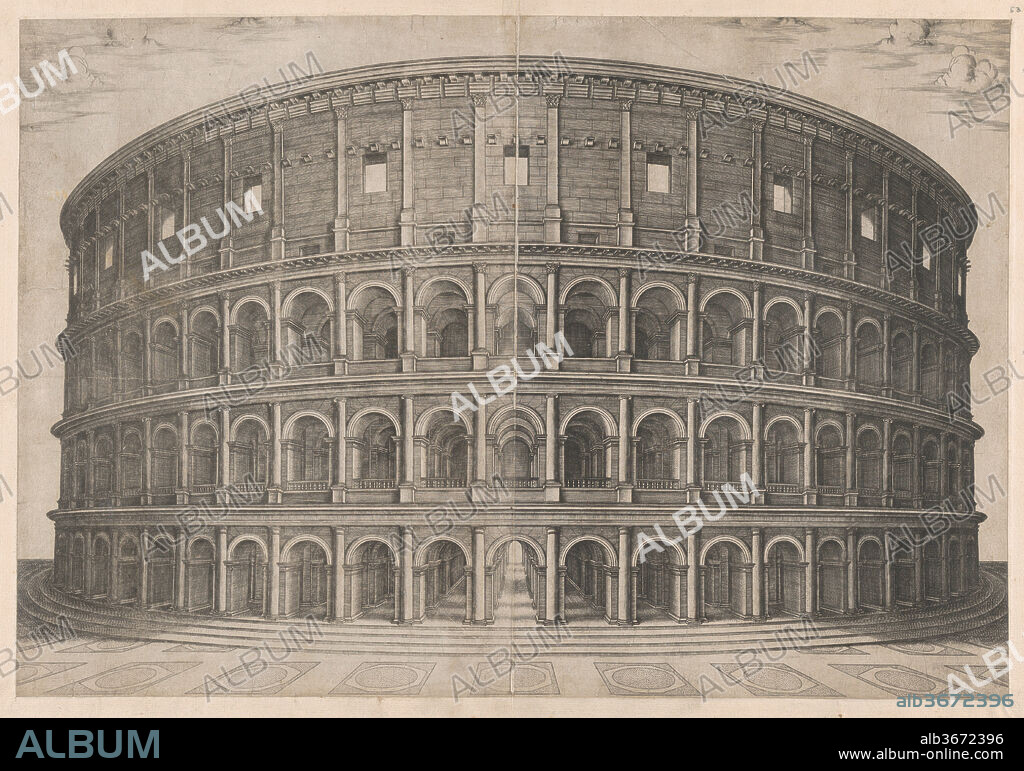 Speculum Romanae Magnificentiae: The Colosseum. Artist: Anonymous. Dimensions: sheet: 15 1/16 x 21 15/16 in. (38.2 x 55.8 cm)
mount: 19 15/16 x 26 3/8 in. (50.7 x 67 cm). Series/Portfolio: Speculum Romae Magnificentiae. Date: 16th century.
This print comes from the museum's copy of the Speculum Romanae Magnificentiae (The Mirror of Roman Magnificence) The Speculum found its origin in the publishing endeavors of Antonio Salamanca and Antonio Lafreri. During their Roman publishing careers, the two foreign publishers - who worked together between 1553 and 1563 - initiated the production of prints recording art works, architecture and city views related to Antique and Modern Rome. The prints could be bought individually by tourists and collectors, but were also purchased in larger groups which were often bound together in an album. In 1573, Lafreri commissioned a title page for this purpose, which is where the title 'Speculum Romanae Magnificentiae' first appears. Lafreri envisioned an ideal arrangement of the prints in 7 different categories, but during his lifetime, never appears to have offered one standard, bound set of prints. Instead, clients composed their own selection from the corpus to be bound, or collected a group of prints over time. When Lafreri died, two-third of the existing copper plates went to the Duchetti family (Claudio and Stefano), while another third was distributed among several publishers. The Duchetti appear to have standardized production, offering a more or less uniform version of the Speculum to their clients. The popularity of the prints also inspired other publishers in Rome to make copies however, and to add new prints to the corpus. 
The museum's copy of the Speculum entered the collection as a group of 3 albums with inlaid engravings and etchings. The prints have since been removed, but the original place of each print within the album is contained in the accession number: 41.72(volume.place).
Originally volume 1, plate 53 in the scrapbook.