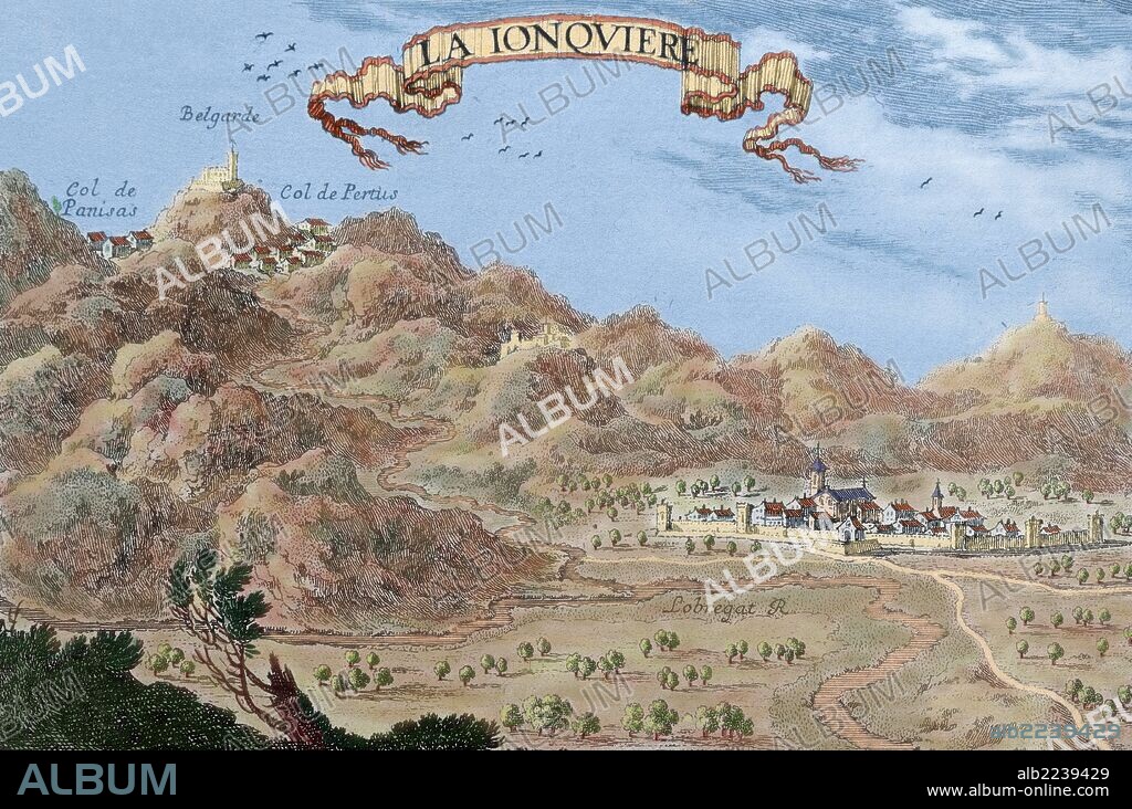 ADAM PERELLE. "LA JUNQUERA". (Alt Empordà). Vista de la población con el río Llobregat. Al fondo, los Pirineos con los Pasos de Panisars, el Pertús y el Castillo de Belgarde. Grabado francés del siglo XVII, realizado durante las negociaciones del Tratado hispano-francés de los Pirineos, año 1659. Coloreado.