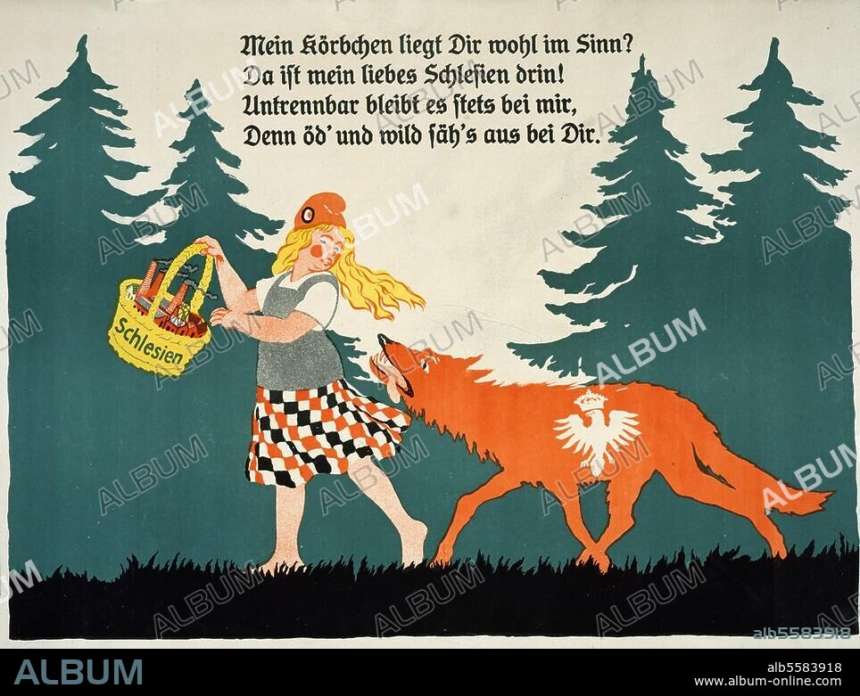 Germany: Weimar Republic / Silesia. Confrontation about the secession of parts of Upper Silesia to Poland, in accordance with Versailles Treaty. - Poster showing Little Red Riding Hood, protecting Silesia in her basket, refusing it to the wolf, who would only run it down. Allegorical Propaganda poster, about 1921.